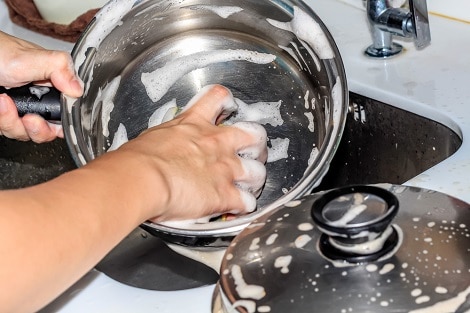 Closeup,Washing,Frying,Pan,Pot,In,The,Sink Closeup,Washing,Frying,Pan,Pot,In,The,Sink